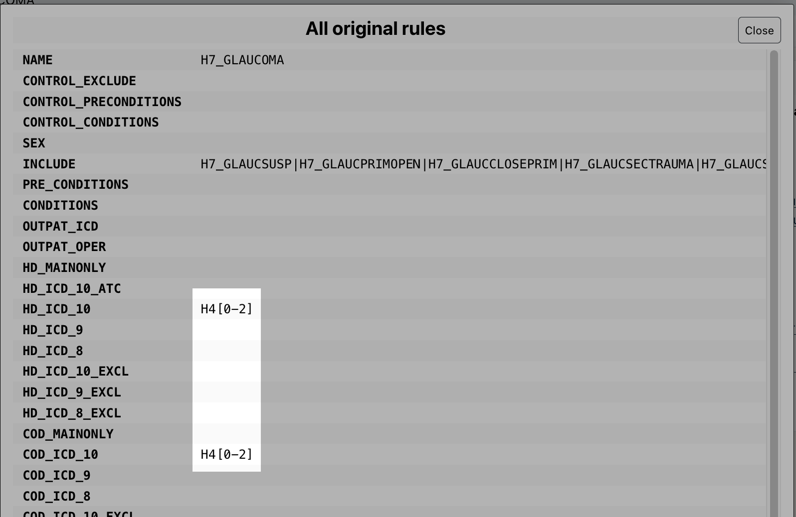 screenshot of original rules table