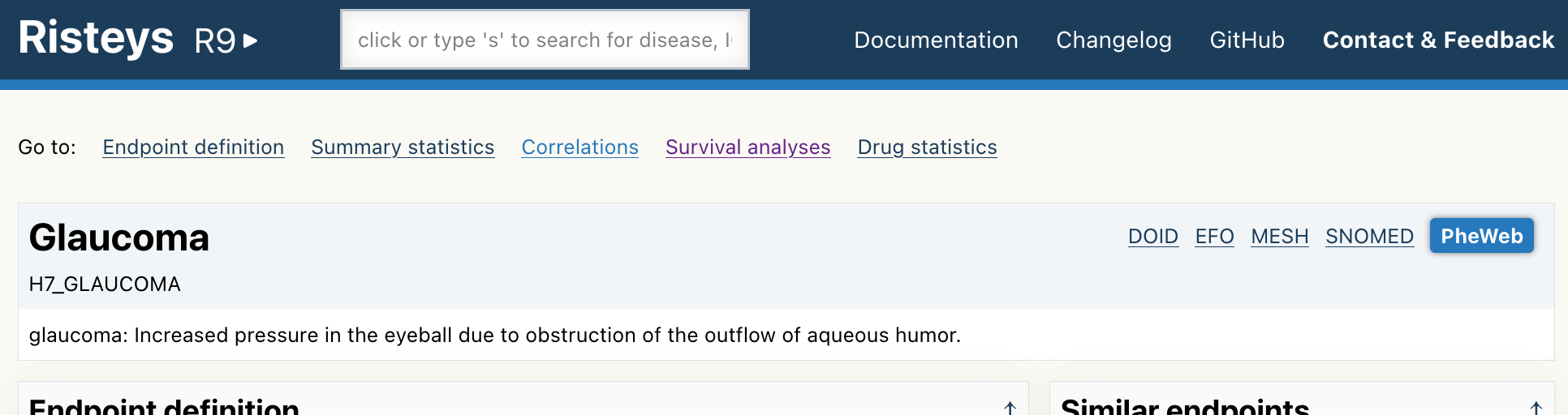 screenshot of the glaucoma page