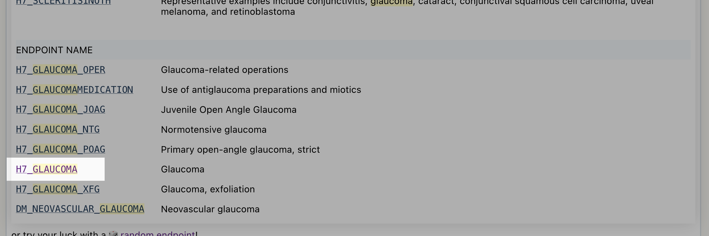 screenshot of Risteys search results